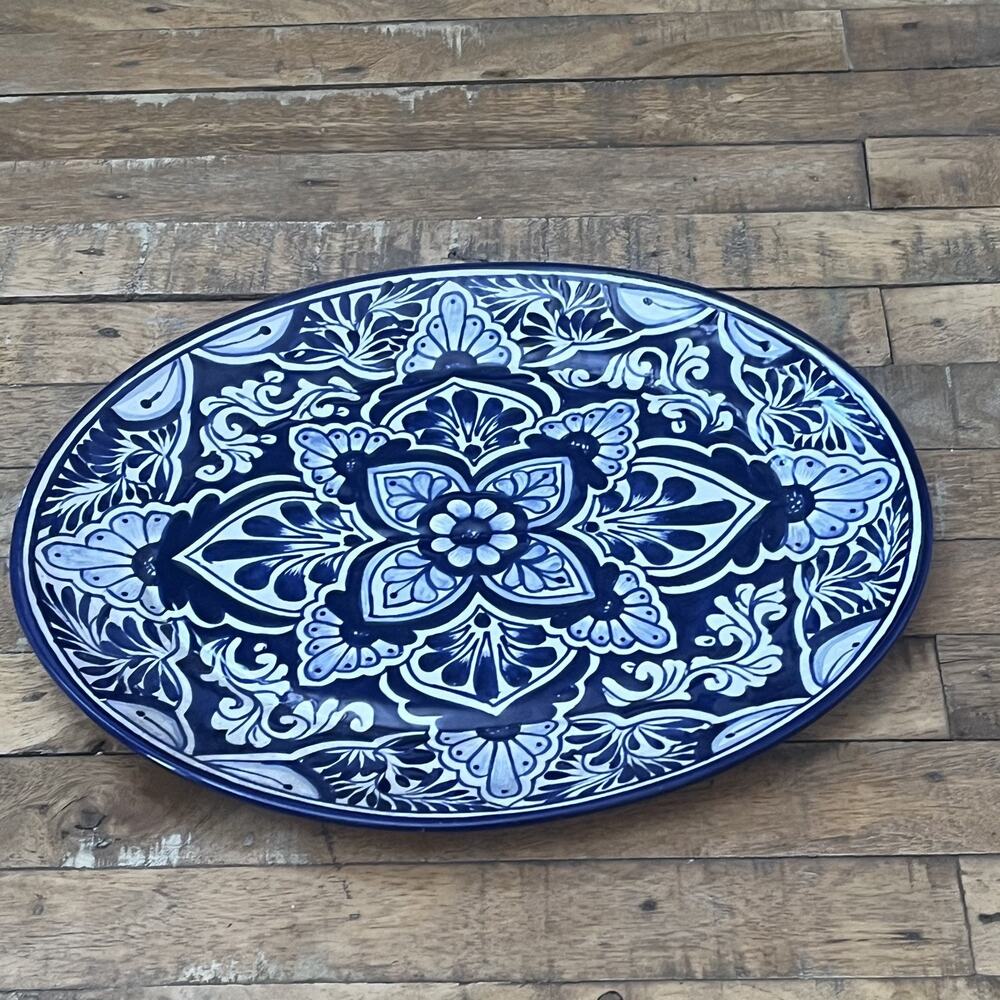 Talavera Serving Platter 14" Blue & White Handmade & Hand-Painted Traditional